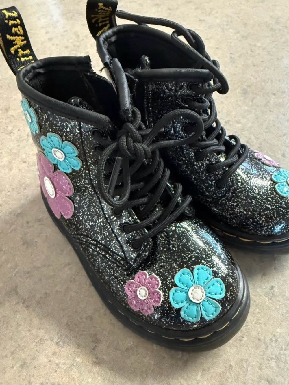 Dr. Martens Black Glitter Kids Lace-Up Boots with Blue & Purple Flowers